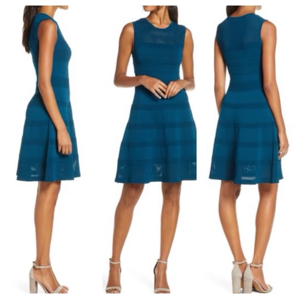 NWT Vince Camuto teal mesh sweater fit flare dress
